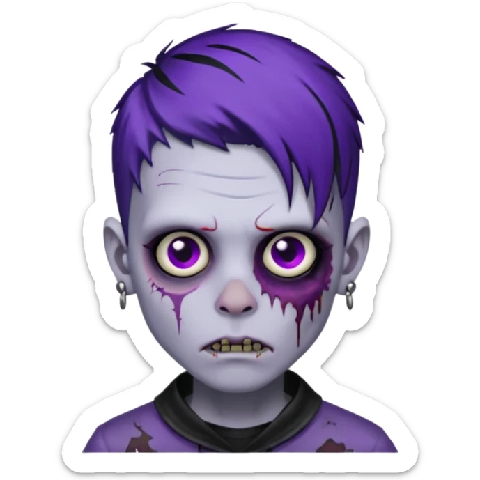 A zombie boy with black scene hair with purple streaks, ear gauges, and facial piercings  sticker