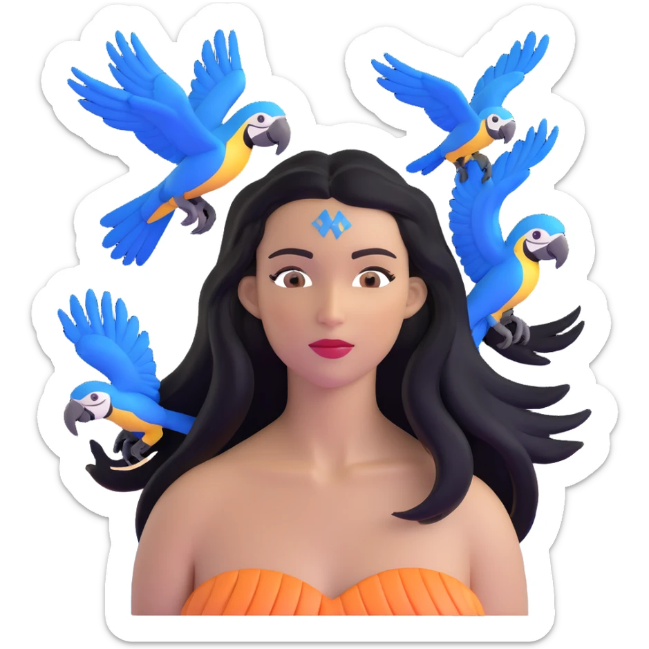 close-up of a woman's face with long black hair, light brown skin, blue macaws flying around her head, and the arches of Atalaia Beach (Aracaju-SE) subtly in the background sticker