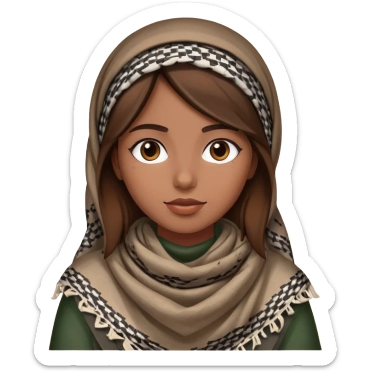 A girl wearing a Palestinian keffiyeh, brown hair, and beautiful  sticker