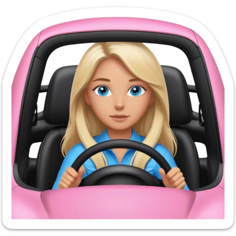 pink Porsche taycan with blonde girl, long hair, blue eyes, sitting in the car, girl in the driver seat, front view point of view, no sunglasses sticker