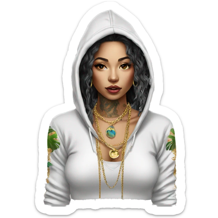 Trendy lady tropical baroque hoodie with tattoos and gold chain sticker