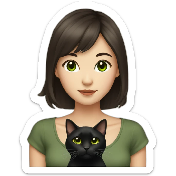 asian girl with brown hair and brown eyes holding a black cat with green eyes  sticker