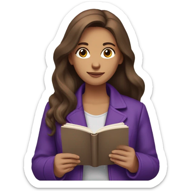 lady with brown long hair, brown eyes wearing a purple jacket reading a book sticker