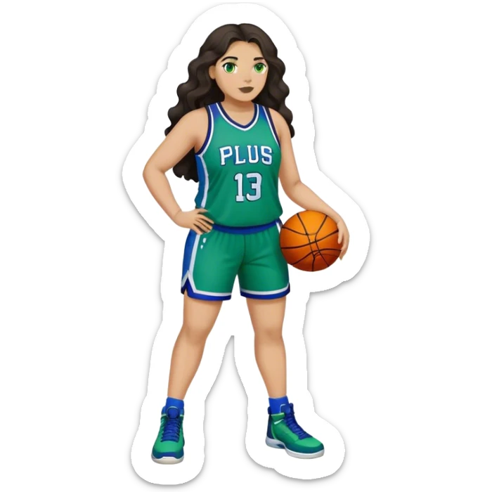 Full Body light skin Latino plus size women basketball player with long wavy dark hair  wearing blue and green uniform sticker