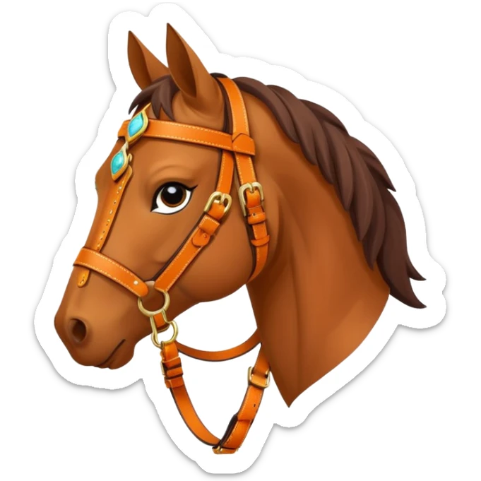 Hermès-style horse head emoji, elegant leather harness with orange and gold accents, luxury, simple and cute sticker