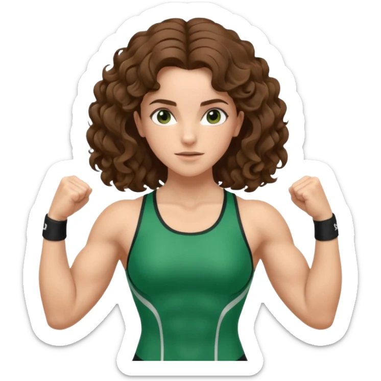 flexing muscles, big biceps, muscled torso, very beautiful italian girl, looking like Emma Watson, with curly and big volume very bright brown hair, dressed in a beautiful green sports costume sticker