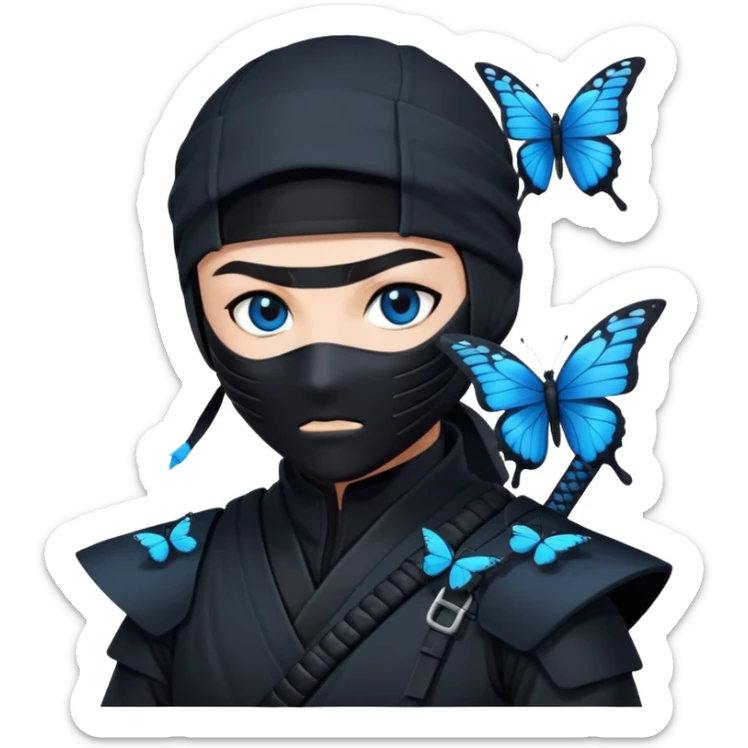 Crea un emoji para usar en WhatsApp con estos dos emoji 🥷🏻 🦋.
Ninja vestido de negro con los ojos negros y con la piel blanca y una mariposa azul posada en su hombro izquierdo como si la mariposa estuviera volando en el hombro. sticker