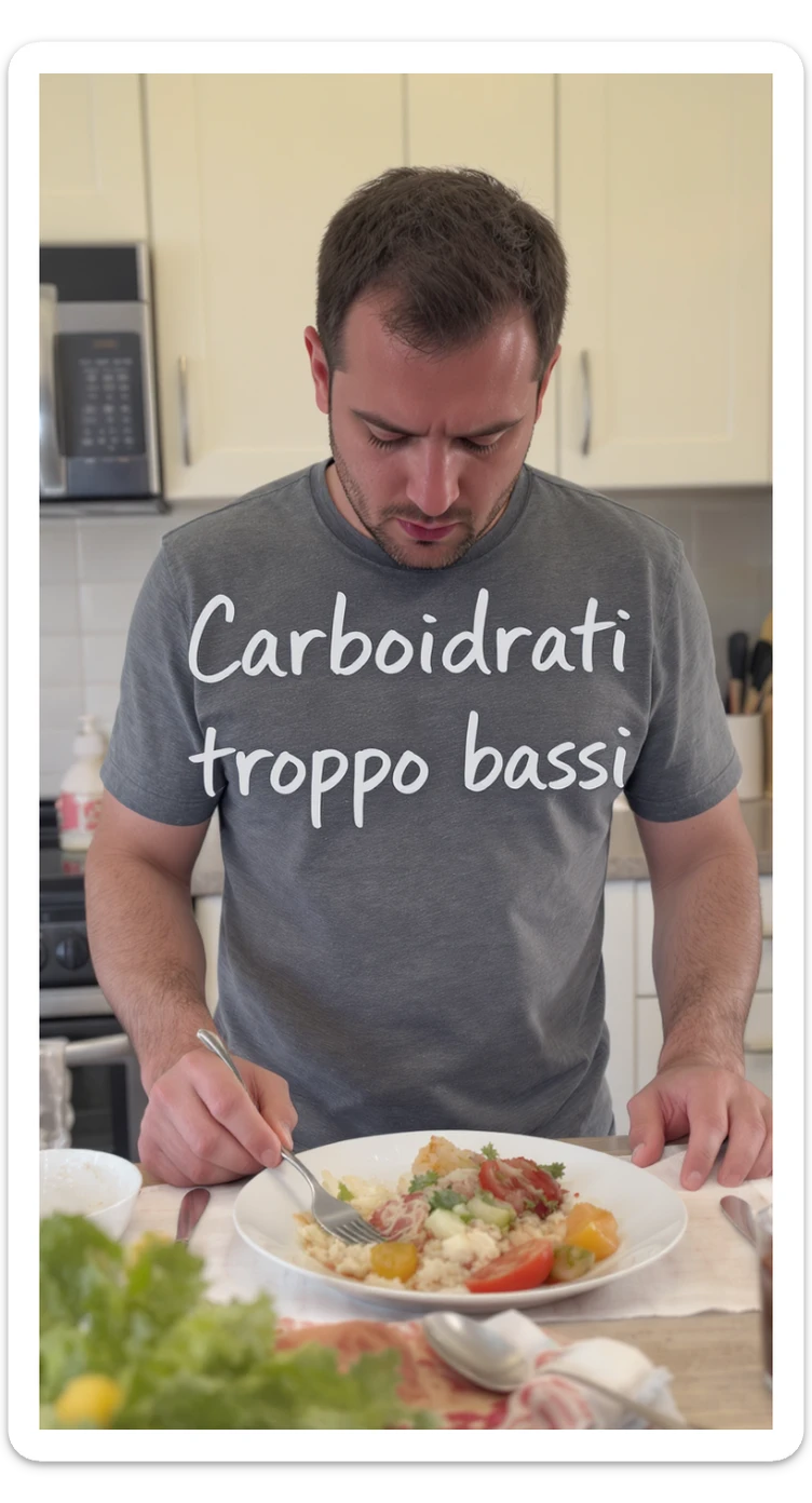 Uomo sui 35 anni in cucina, con espressione affaticata e spenta, guarda un piatto con pochissimi carboidrati (solo qualche verdura e proteine). Accanto a lui, fogli con una dieta rigida e una scritta visibile: 'Carboidrati troppo bassi'. sticker