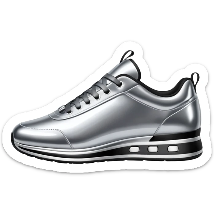 A pair of futuristic sneakers emoji made of silver chrome, sleek streetwear design, smooth metallic panels, subtle reflections, luxury swag aesthetic, iOS emoji style, centered, clean white background sticker