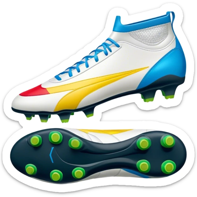 Cinematic Realistic image of a pair of soccer boots featuring finely detailed synthetic and leather textures, vibrant accents and dynamic design elements, illuminated by bright, field-side lighting that captures their sporty essence sticker