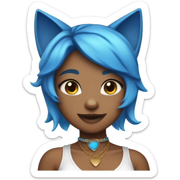 Tan skinned cat girl with blue hair, cat ears, white top, blue necklace and blue eyes sticker