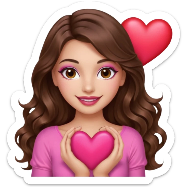 girl with long wavy brown hair, brown eyes, long lashes makeup, sexy pink lips, light to medium complexion, wearing a pink sexy top, smiling, holding a big heart sticker