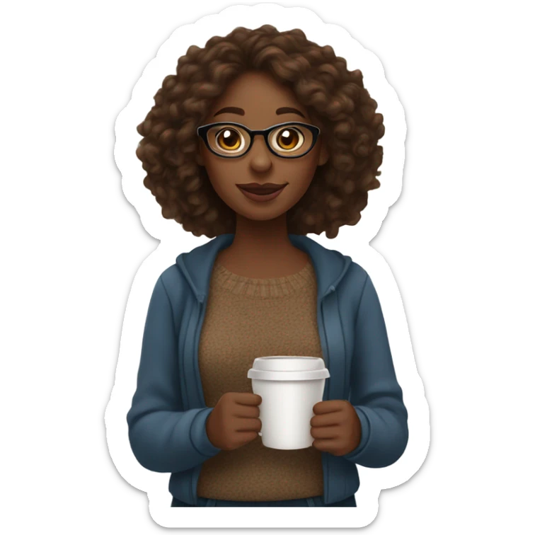 brown long wand curl hair black women sweater brown eyes and small glasses holding coffee sticker