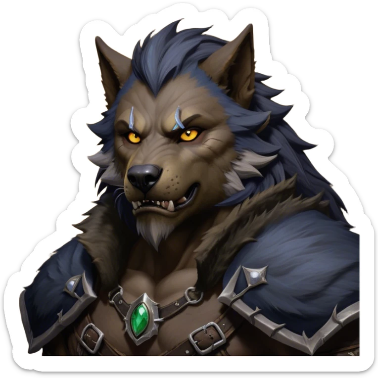 Cinematic Realistic WoW Worgen Portrait, depicted as a fearsome blend of man and beast, with rugged, dark fur intermingling with tanned, weathered skin. His piercing amber eyes and fierce expression are framed by disheveled hair and subtly detailed, worn leather attire in dark, consistent hues. Rendered with lifelike texture and dramatic, natural lighting, high shine, noble and formidable, capturing the primal nobility of a legendary worgen warrior. sticker