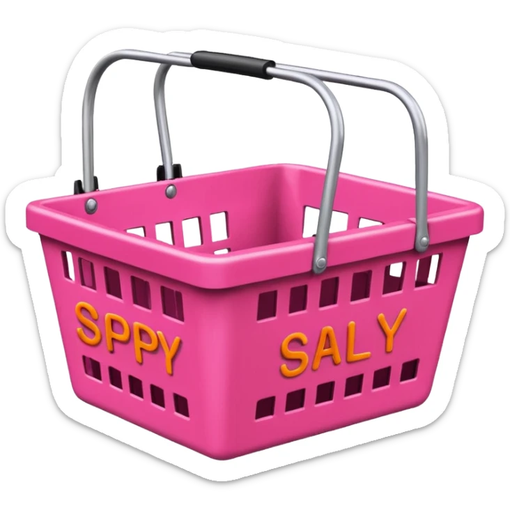 "SSPB Sally stage play beauty" written on a pink and orange shopping basket sticker