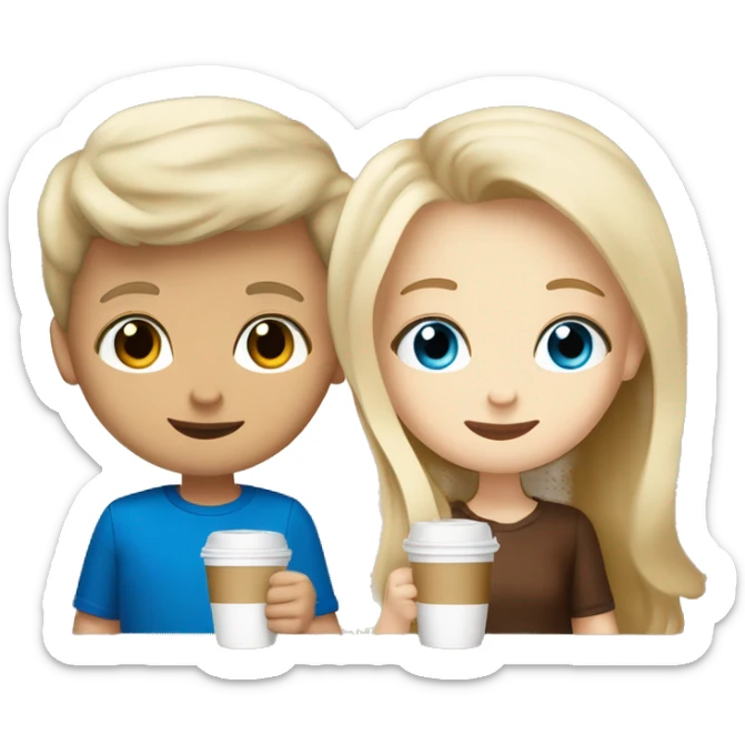 blonde hair with blue eyes boy and a brunnete with brown eyes girl, both white skin drinking latte sticker