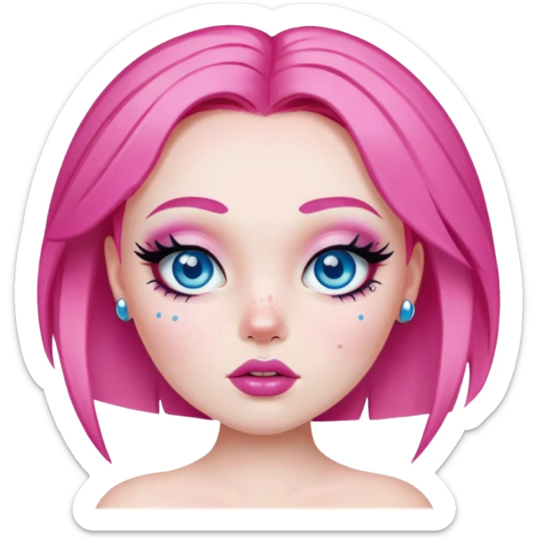 pretty bratz baddie, pale skin, bright pink hair, freckles, blue eyes with septum sticker