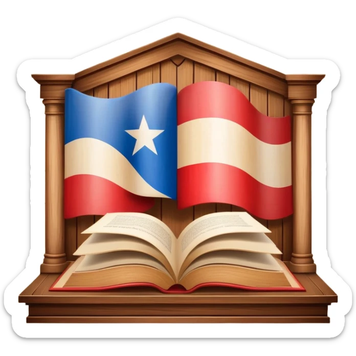 Timeless book icon with Puerto Rican flag design, wooden theater stage symbol, warm parchment and wood textures, gentle luminous aura, representing the history of Puerto Rican scenic design legacy sticker