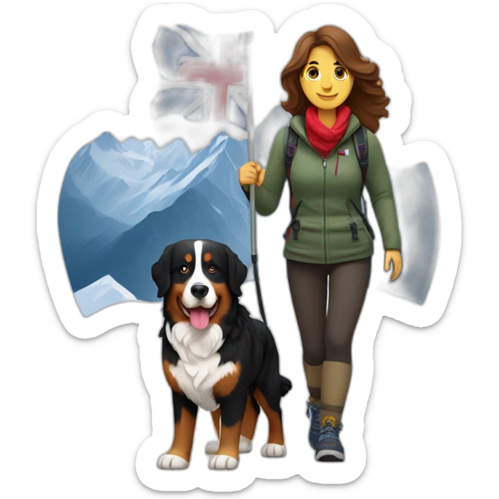 bernese mountain dog hiking with a woman with brown hairrin snow under the Norwegian flag sticker