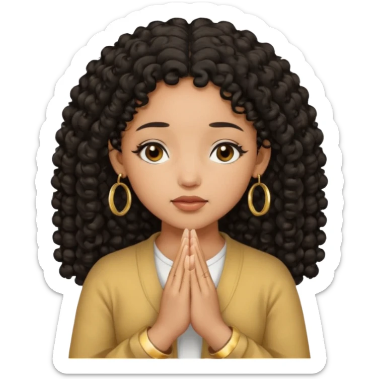 brown girl praying black curly hair and black eyes closed with gold hoop earrings sticker