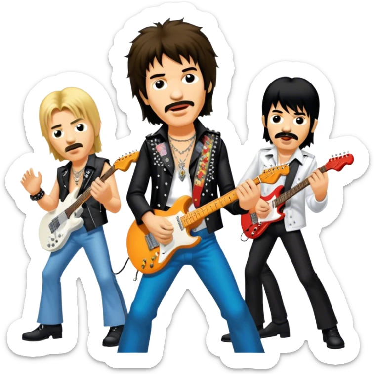 Icon for Rock Music: collage of iconic rock musicians—Klaus Meine, Jimi Hendrix, Kurt Cobain, Freddie Mercury, and Ozzy Osbourne—playing electric guitars and singing on stage. Capturing the powerful energy and rebellious spirit of rock. Transparent background. sticker
