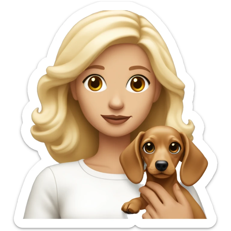 Blonde woman with tan skin in white long sleeve holding a light blonde dachshund puppy  sticker