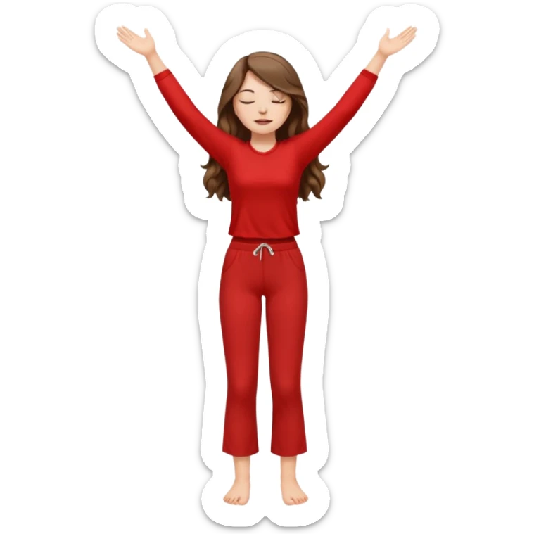 crie uma menina branca com cabelos castanhos longos ondulados, uma roupa de calça e blusa de manga curta na cor vermelho, com braços juntos para cima, olhos fechados e perna levantada sticker