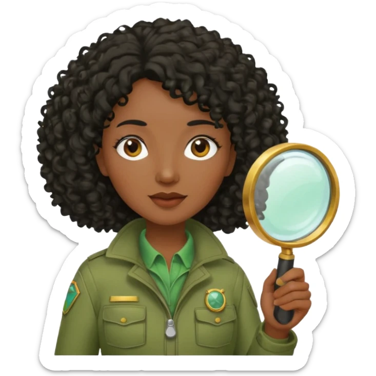 dark skin curly black haired middle-aged woman in moss green explorer outfit, holding magnifying glass sticker