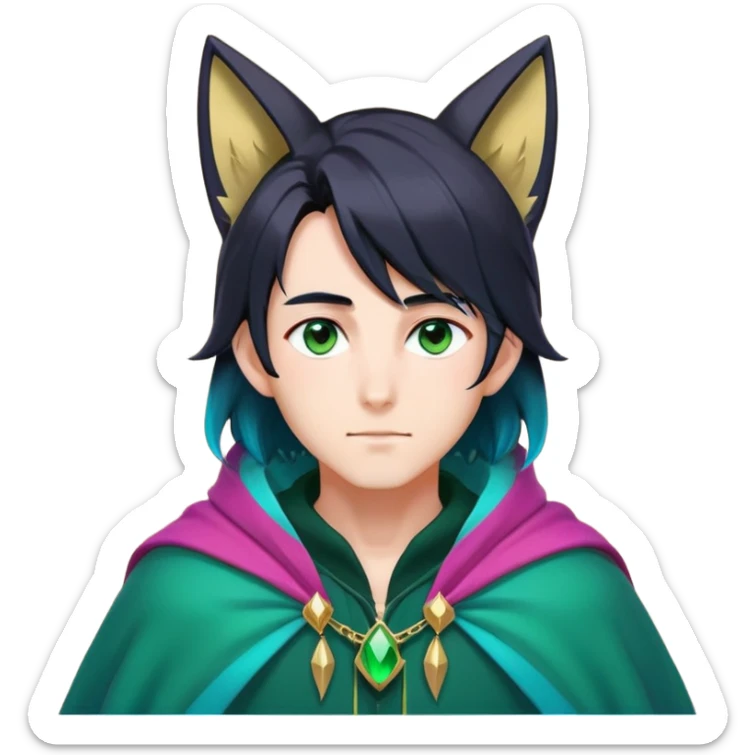 anime man with long-straight-dark-black-gradient hair with green accents, long black fox ears with pink Scapha, hazel-gradient-brown-turquoise eyes, gold earring, dark-blue-sweater, green cape,  sticker