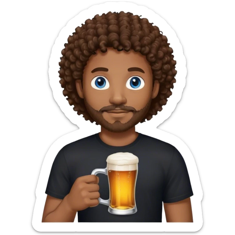 black man with brown curly hair and blue eyes facial hair black shirt holding a beer sticker