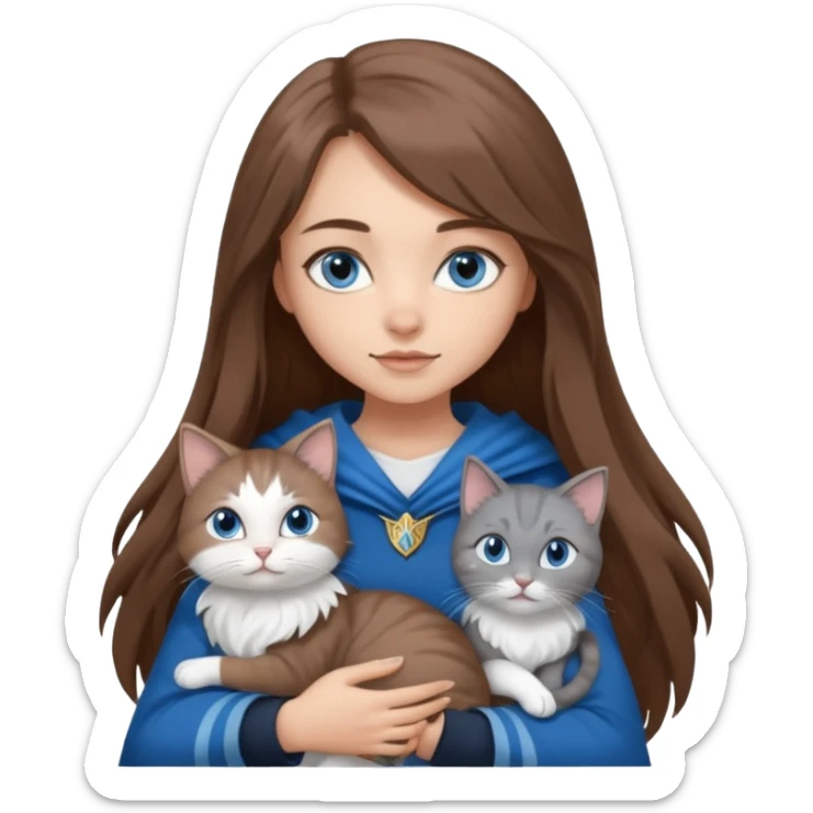 gorgeous Girl with light skin, blue eyes, long brown hair, wears a ravenclaw outfit, with a grey and white cat holding in her arms sticker