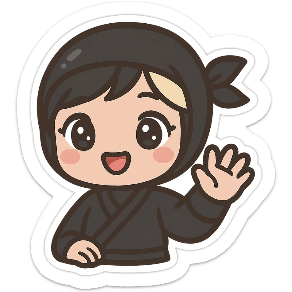 Super cute kawaii chibi style ninja girl with big sparkling eyes, round face, soft colors, playful charm, black short hair with a blonde streak, only head and arms visible, bold outlines, no mask, hand fully raised waving to the left, smiling, sized for Twitch emoji use. sticker