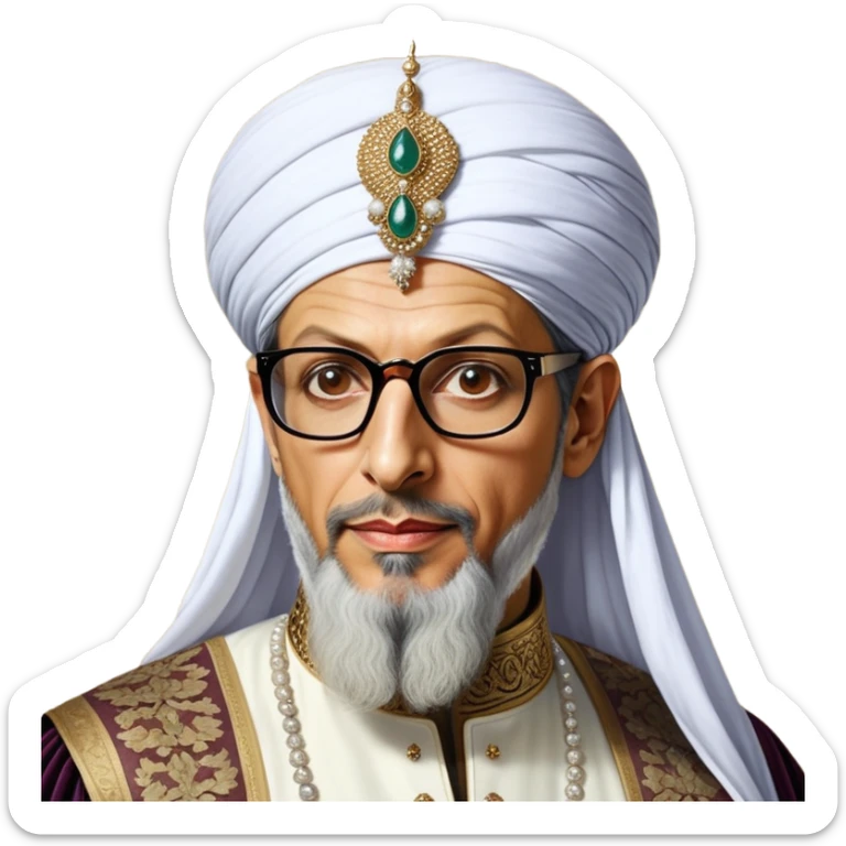 Jeff Goldblum no glasses as a regal portrait dressed as _cinematic-realistic-portrait-of-suleiman-the-magnificent,-depicted-as-a-regal-ottoman-sultan-adorned-with-a-large,-white,-round,-tall-turban-and-a-majestic-grey-beard,-his-commanding-gaze-bathed-in-warm,-historic-lighting-that-exudes-timel sticker