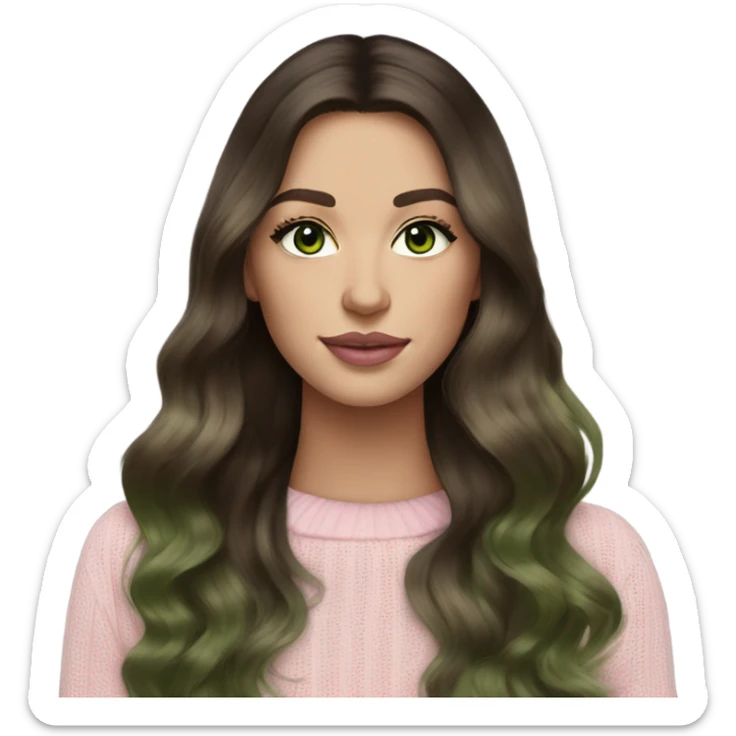 Brunette balayage long hair white woman green eyes black sweater with light pink lips  sticker