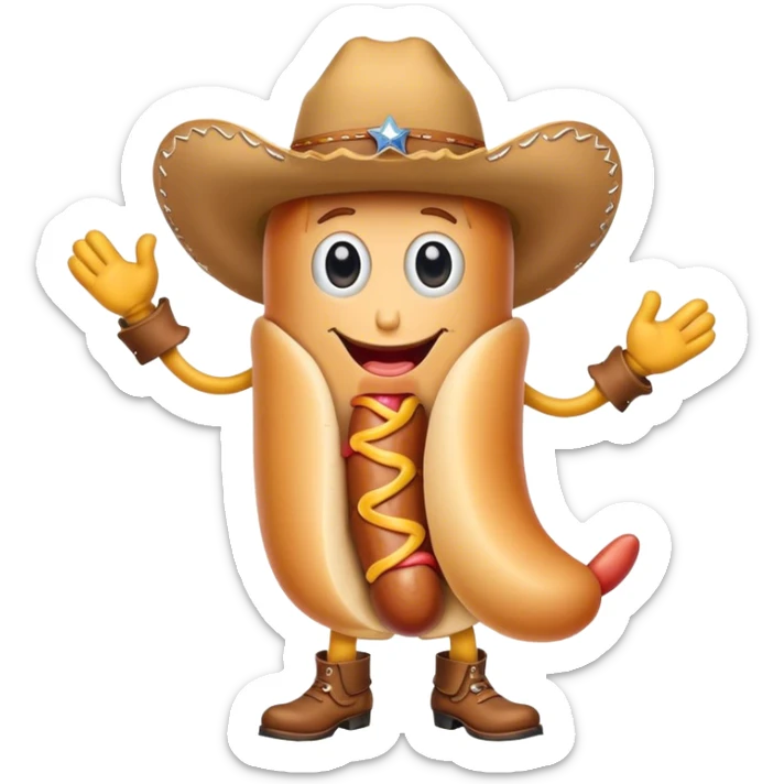 Hot dog with a face and arms and legs and a cowboy hat sticker