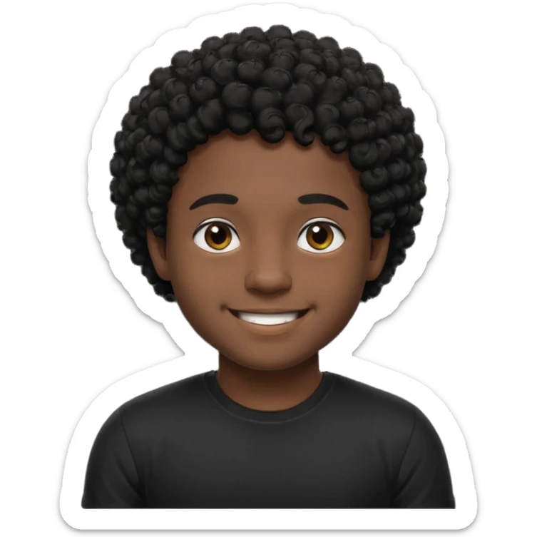 Generate a emoji of a black boy with dark skin, wearing a black compressed T-shirt, with short and very curly black hair sticker