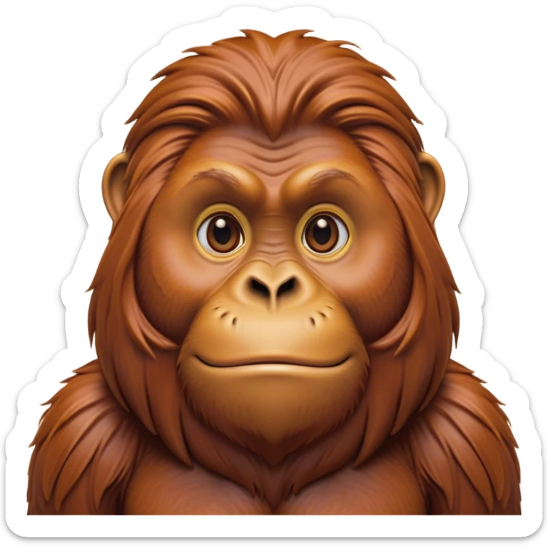 Cinematic Noble Orangutan Portrait Emoji, Poised and regal, with a robust, thoughtful build and deep, soulful eyes framed by rich, textured fur, Simplified yet sharp and sophisticated features, highly detailed, glowing with a soft, earthy glow, high shine, intelligent and contemplative, stylized with an air of ancient wisdom, focused and commanding, soft glowing outline, capturing the essence of a watchful and confident guardian that appears ready to step out of the screen with timeless authority! sticker