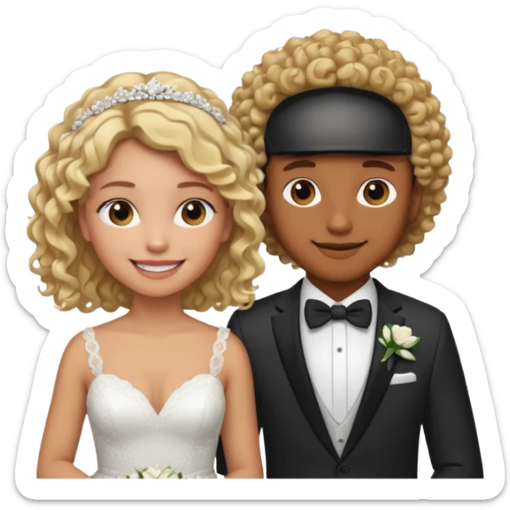 Blonde brown  skin girl skin in wedding dress curly hair with white men next too her with a suit on and straight brown  hair smiling  sticker