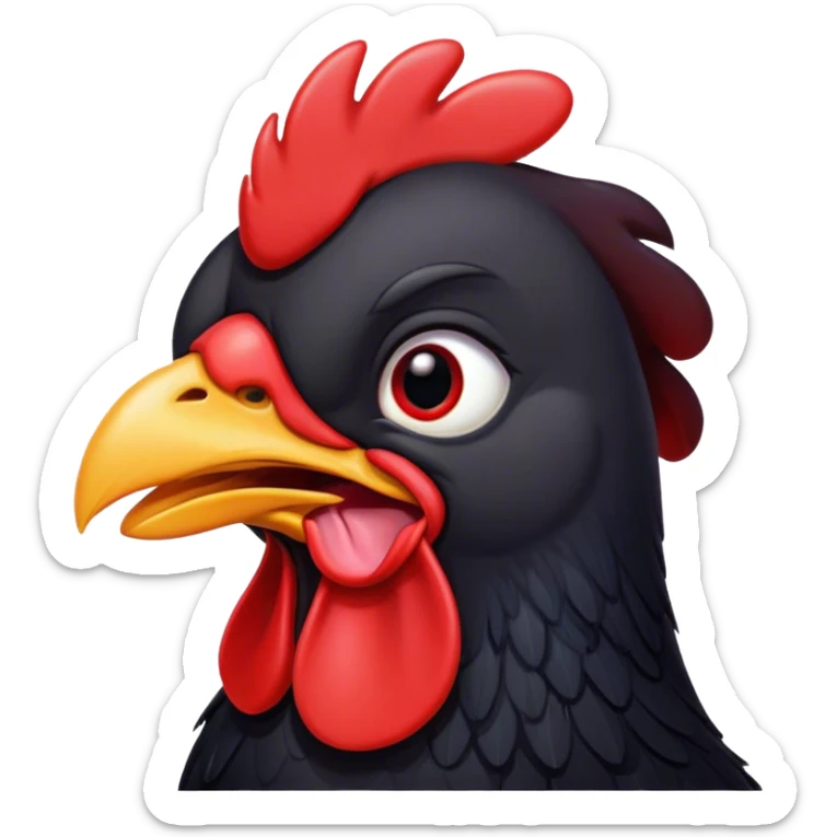 Cinematic Cute Yawning Black Chicken Portrait Emoji, Head tilted slightly with a dramatic, wide-open yawn, showcasing a soft, glossy black plumage with subtle hints of iridescence and a distinctive red comb, floppy wings slightly drooping, round beady eyes barely open in drowsy contentment, Simplified yet irresistibly adorable features, highly detailed, glowing with a soft, cozy glow, high shine, relaxed yet expressive, stylized with a touch of whimsy, bright and endearing, soft glowing outline, capturing the essence of a sleepy yet affectionate chicken, so drowsy it feels like it could stretch out of the screen and curl up for a nap! sticker