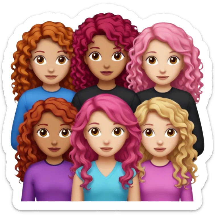 5 girls  curly redhead, one with brunette dyed blonde hair, one long haired wavy brunette, one mid-length haired brunette, and one black haired girl with partially dyed bright red/pink hair sticker