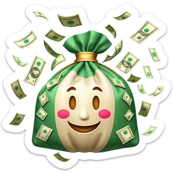 

3D emoji style, big bag of money, flying dollar bills, rich casino vibe, smooth lighting, high detail, clean edges, transparent background



 sticker