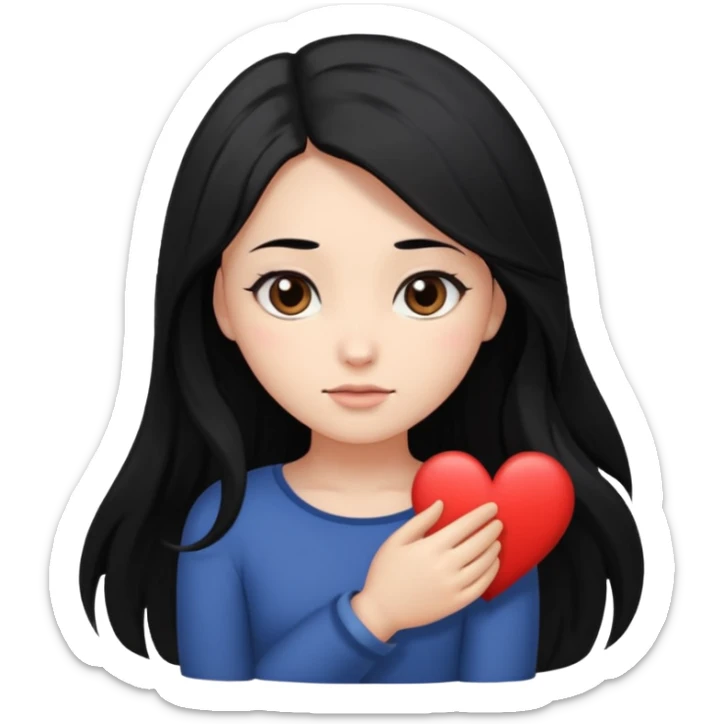 character with long black hair past elbow,  round, downturned dark brown eyes, heart shape face sticker