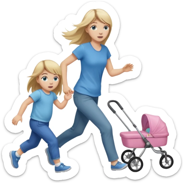 full length of a young woman with long straight dirty blonde hair, side bangs, and blue eyes. She is trying to catch a 1 year old baby girl that is running away sticker