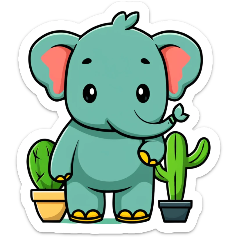 elephant with a cactus body wearing sandals, elephant head on top of a green cactus body with sandals on its feet sticker