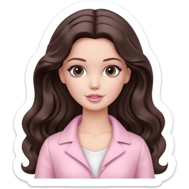 A white Barbie girl with long dark brown wavy hair in pale pink clothes has loving look sticker