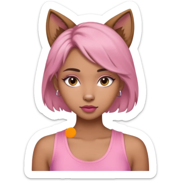 chica morena clara, corte de cabello wolf cut medio, con una blusa de tirantes simple, rosa y coquette sticker