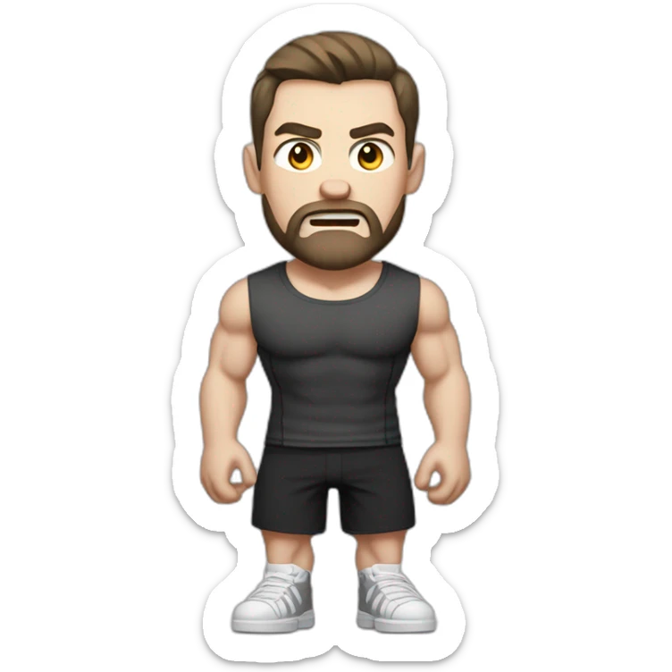 Angry Pale skinned Fit Man With the biceps and dark brown hair in black shirt, gray sports shorts and white Sneakers sticker