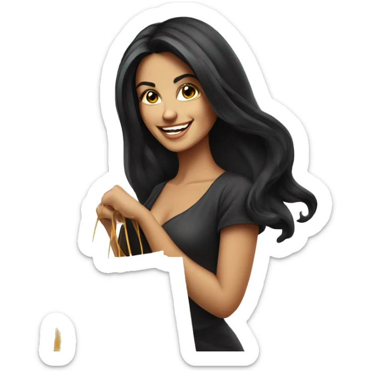 Tanned beautiful italian woman with long black hair smiling and holding bags shopping, glamorous realism sticker