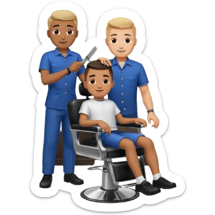 Barber cutting boys hair. Show the boy sat in black barber chair and both having smiles on their faces sticker