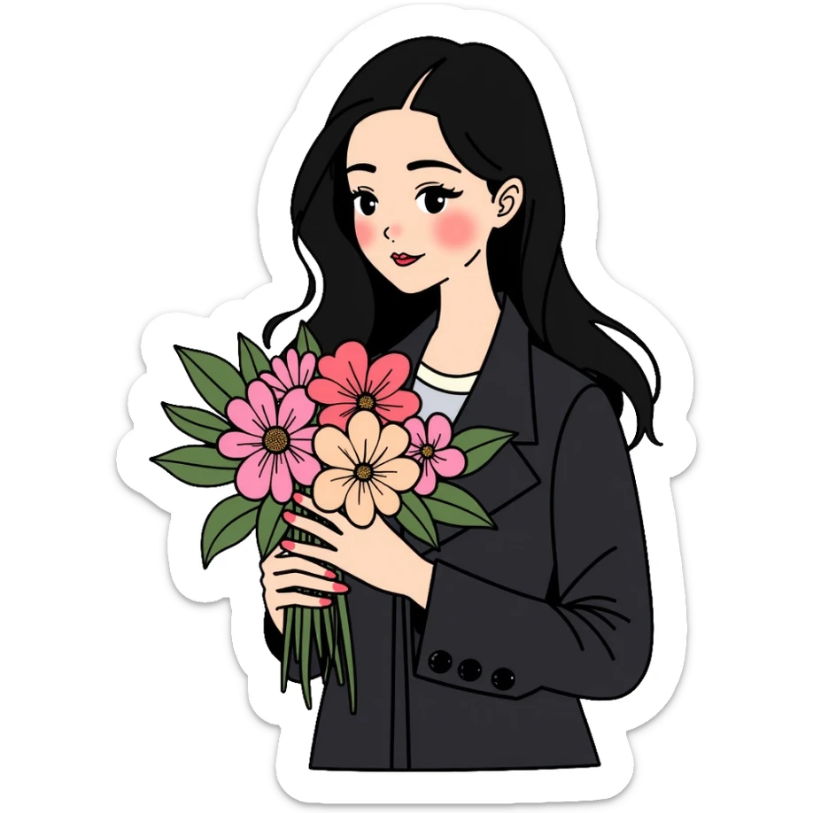 beautiful girl with long black hair wearing a black coat holding a bouquet of flowers sticker